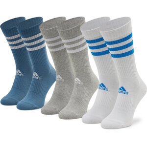 Sada 3 párů vysokých ponožek unisex adidas 3-Stripes Cushioned Crew HE4993 White/Medium Grey Heather/Atered Blue
