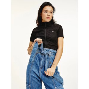 Tommy Jeans dámské černé triko SLIM RIB ZIP THRU - L (BDS)