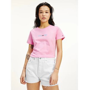 Tommy Jeans dámské růžové triko SLIM MULTI LINEAR LOGO