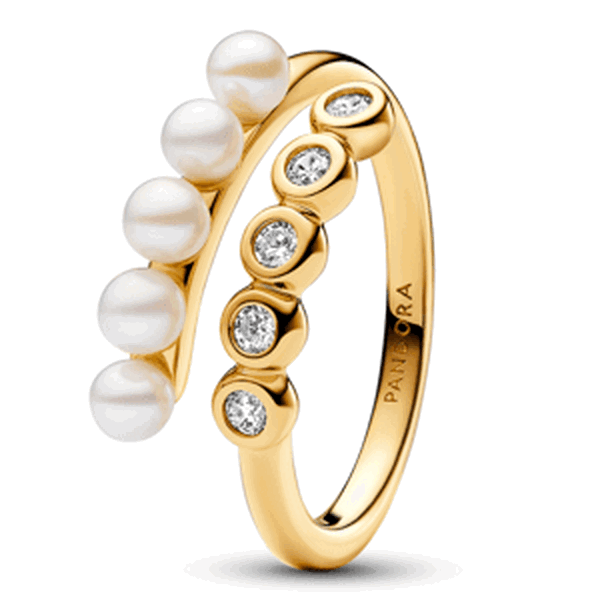 PANDORA pozlacený prsten Nadčasový perlový prsten 163146C01