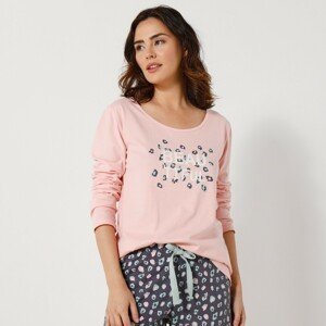 Blancheporte Pyžamové tričko s dlouhými rukávy a středovým potiskem "Beautiful" růžová 50