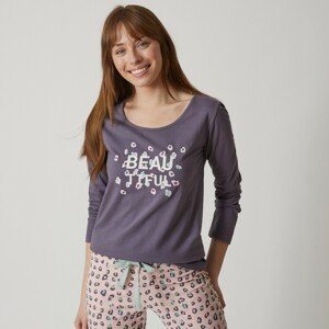 Blancheporte Pyžamové tričko s dlouhými rukávy a středovým potiskem "Beautiful" antracitová šedá 34/36
