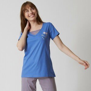 Blancheporte Pyžamové tričko s krátkými rukávy a potiskem květin modrá džínová 52