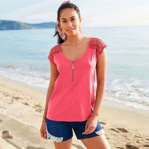 Blancheporte Jednobarevné tričko se zipem ve výstřihu a s macramé korálová 50