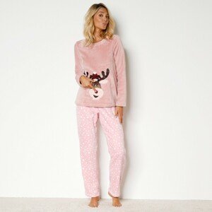 Blancheporte Fleecové pyžamo s dlouhými rukávy, motiv "soba" růžová pudrová 52