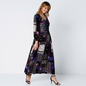 Blancheporte Dlouhé šaty s patchwork potiskem černá/purpurová 36