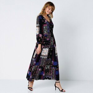 Blancheporte Dlouhé šaty s patchwork potiskem černá/purpurová 48