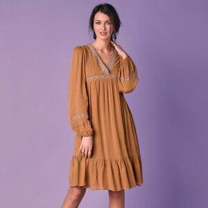 Blancheporte Jednobarevné šaty s výšivkou, folkový styl hořčicová 54