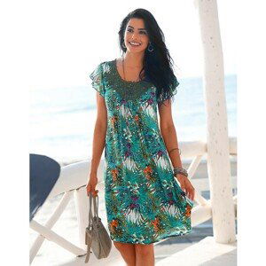 Blancheporte Šaty s tropickým vzorem, macramé výstřih smaragdová 38