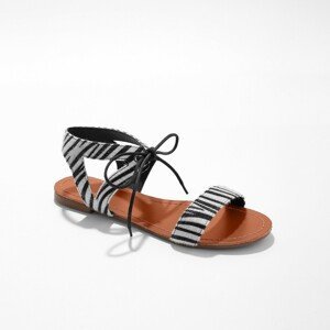 Blancheporte Ploché sandály se šňůrkami na zavázání, zebří vzor s chlupem černá/bílá 38