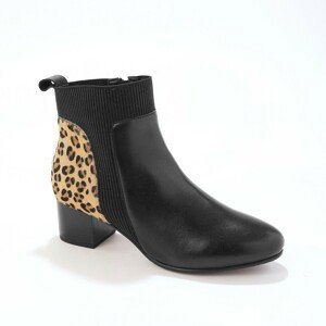 Blancheporte Kožené kotníkové boty s pruženkou a cvočky, leopardí vzor černá/béžová 38