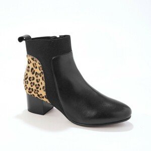 Blancheporte Kožené kotníkové boty s pruženkou a cvočky, leopardí vzor černá/béžová 39