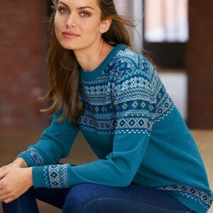 Blancheporte Žakárový pulovr s příměsí jehněčí vlny paví modrá 34/36