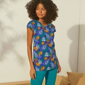 Blancheporte Pyžamové tričko s krátkými rukávy, s potiskem tropického vzoru modrá/šafránová 42/44