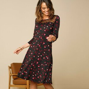 Blancheporte Rozšířené šaty s květinovým vzorem a vyšívanou náprsenkou černá/červená 50