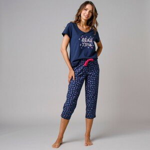 Blancheporte Pyžamové tričko s krátkými rukávy a středovým potiskem "Beautiful" nám.modrá 52