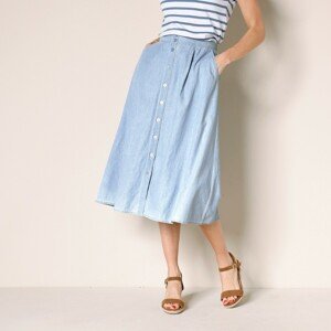 Blancheporte Džínová polodlouhá rozšířená sukně na knoflíky sepraná modrá světlá 44