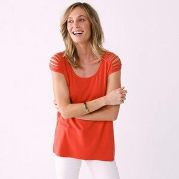 Blancheporte Jednobarevné tričko s ozdobnými šňůrkami na ramenou korálová 50