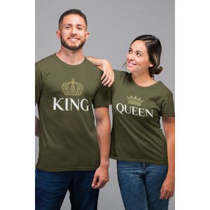 MMO Trička pro páry King Queen Gold Barva: Khaki, Dámska velikost: L, Pánska velikost: XL