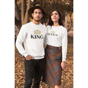 MMO Unisex mikiny pro páry King Queen Gold Barva: Bílá, Dámska velikost: M, Pánska velikost: 2XL