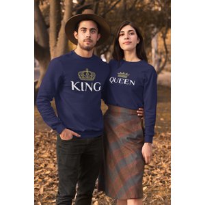 MMO Unisex mikiny pro páry King Queen Gold Barva: Královská modrá, Dámska velikost: 2XL, Pánska velikost: 3XL