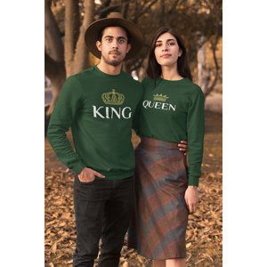 MMO Unisex mikiny pro páry King Queen Gold Barva: Láhvově zelená, Dámska velikost: XL, Pánska velikost: XS