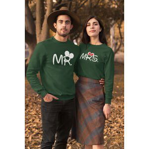 MMO Unisex mikiny pro páry MR a MRS Barva: Láhvově zelená, Dámska velikost: 2XL, Pánska velikost: XS