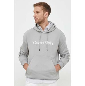 Bavlněná mikina Calvin Klein pánská, šedá barva, s kapucí, s aplikací