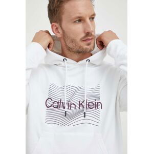 Bavlněná mikina Calvin Klein pánská, bílá barva, s kapucí, s potiskem