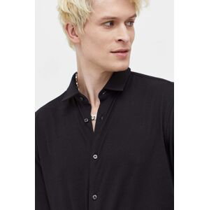 Bavlněné tričko HUGO černá barva, slim, s klasickým límcem