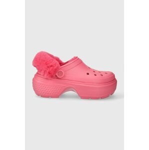Pantofle Crocs Stomp Lined Clog dámské, růžová barva, na platformě, 208546