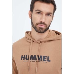Bavlněná mikina Hummel pánská, béžová barva, s kapucí, s potiskem