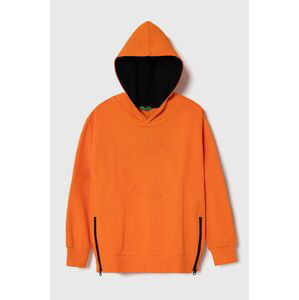 Dětská bavlněná mikina United Colors of Benetton oranžová barva, s kapucí, s potiskem
