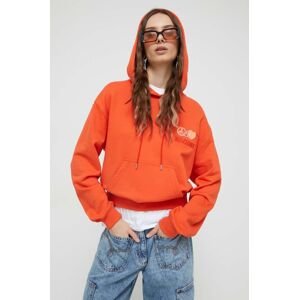 Bavlněná mikina Moschino Jeans dámská, oranžová barva, s kapucí, s aplikací