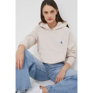 Bavlněná mikina Calvin Klein Jeans dámská, béžová barva, s kapucí, s aplikací