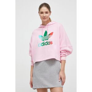 Bavlněná mikina adidas Originals dámská, růžová barva, s kapucí, s potiskem