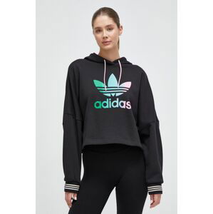 Bavlněná mikina adidas Originals dámská, černá barva, s kapucí, s aplikací