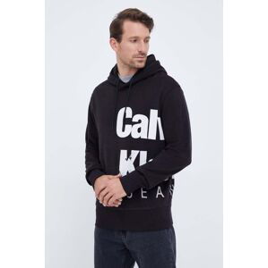 Bavlněná mikina Calvin Klein Jeans pánská, černá barva, s kapucí, s potiskem