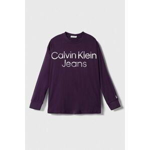 Dětská bavlněná košile s dlouhým rukávem Calvin Klein Jeans fialová barva, s potiskem