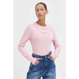 Bavlněné tričko s dlouhým rukávem Tommy Jeans růžová barva