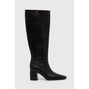 Kožené kozačky Tory Burch BANANA TALL BOOT dámské, černá barva, na podpatku, 154529-006