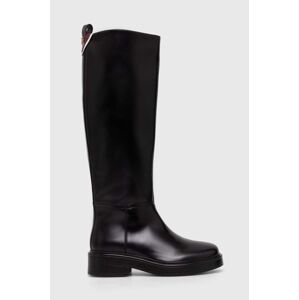 Kožené kozačky Tommy Hilfiger COOL ELEVATED LONGBOOT dámské, černá barva, na plochém podpatku, FW0FW07488