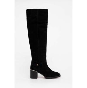 Semišové boty Tommy Hilfiger FEMININE SUEDE OVERKNEE BOOT dámské, černá barva, na podpatku, FW0FW07667