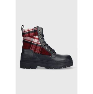 Nízké kozačky Tommy Hilfiger FEMININE TARTAN LACE UP BOOTIE dámské, tmavomodrá barva, na plochém podpatku, FW0FW07670