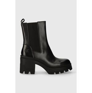 Kožené kotníkové boty Calvin Klein Jeans CHUNKY HEELED CHELSEA BOOT LTH dámské, černá barva, na podpatku, YW0YW01112