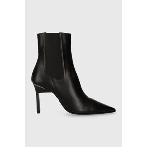 Kožené kotníkové boty Calvin Klein GEO STILETTO CHELSEA BOOT 90 dámské, černá barva, na podpatku, HW0HW01708