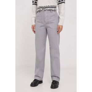 Bavlněné kalhoty United Colors of Benetton šedá barva, jednoduché, high waist