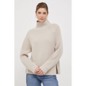 Vlněný svetr Calvin Klein dámský, béžová barva, hřejivý, s pologolfem