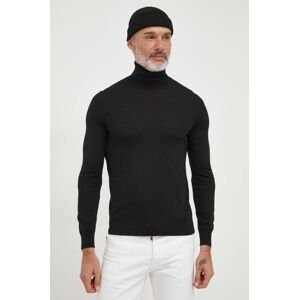 Vlněný svetr Sisley pánský, černá barva, lehký, s golfem