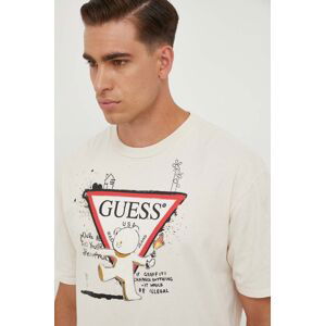 Bavlněné tričko Guess Guess x Banksy béžová barva, s potiskem